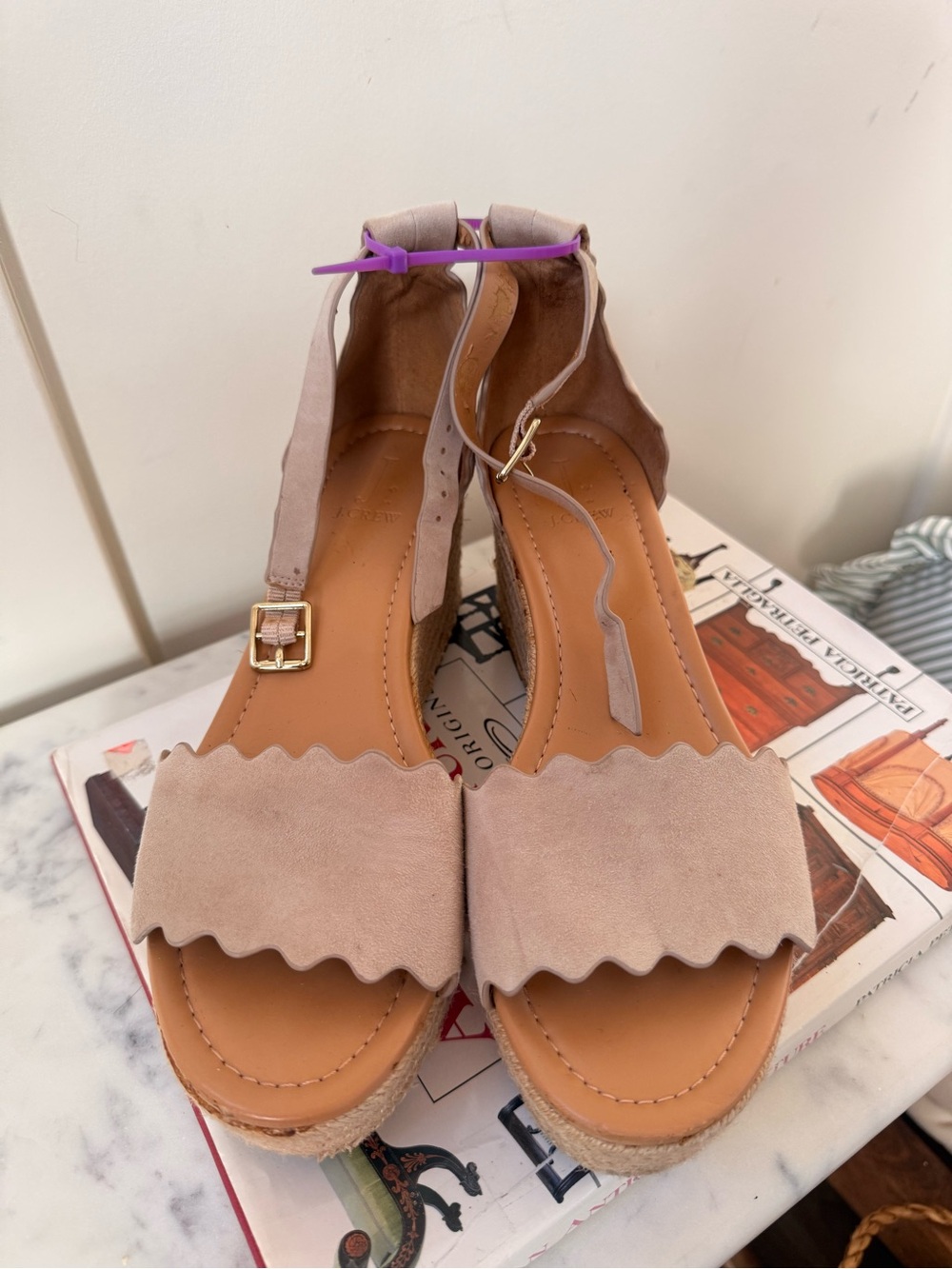 J. Crew Scalloped Suede Espadrille Wedge Sandals - Taupe